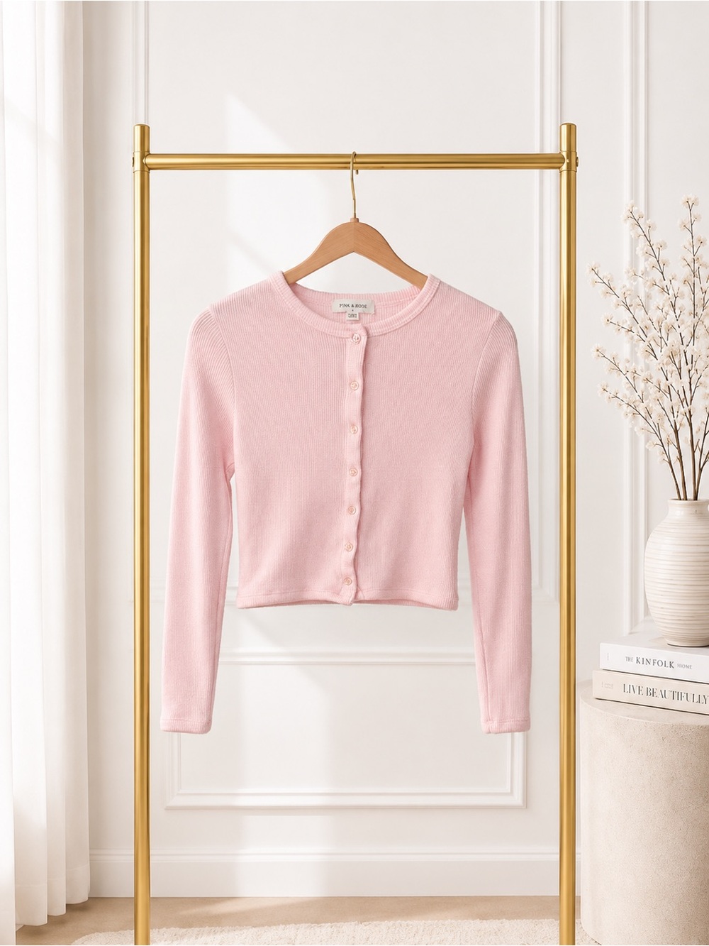 Pink Rose Light Pink Ribbed Button-Up Cropped Cardigan